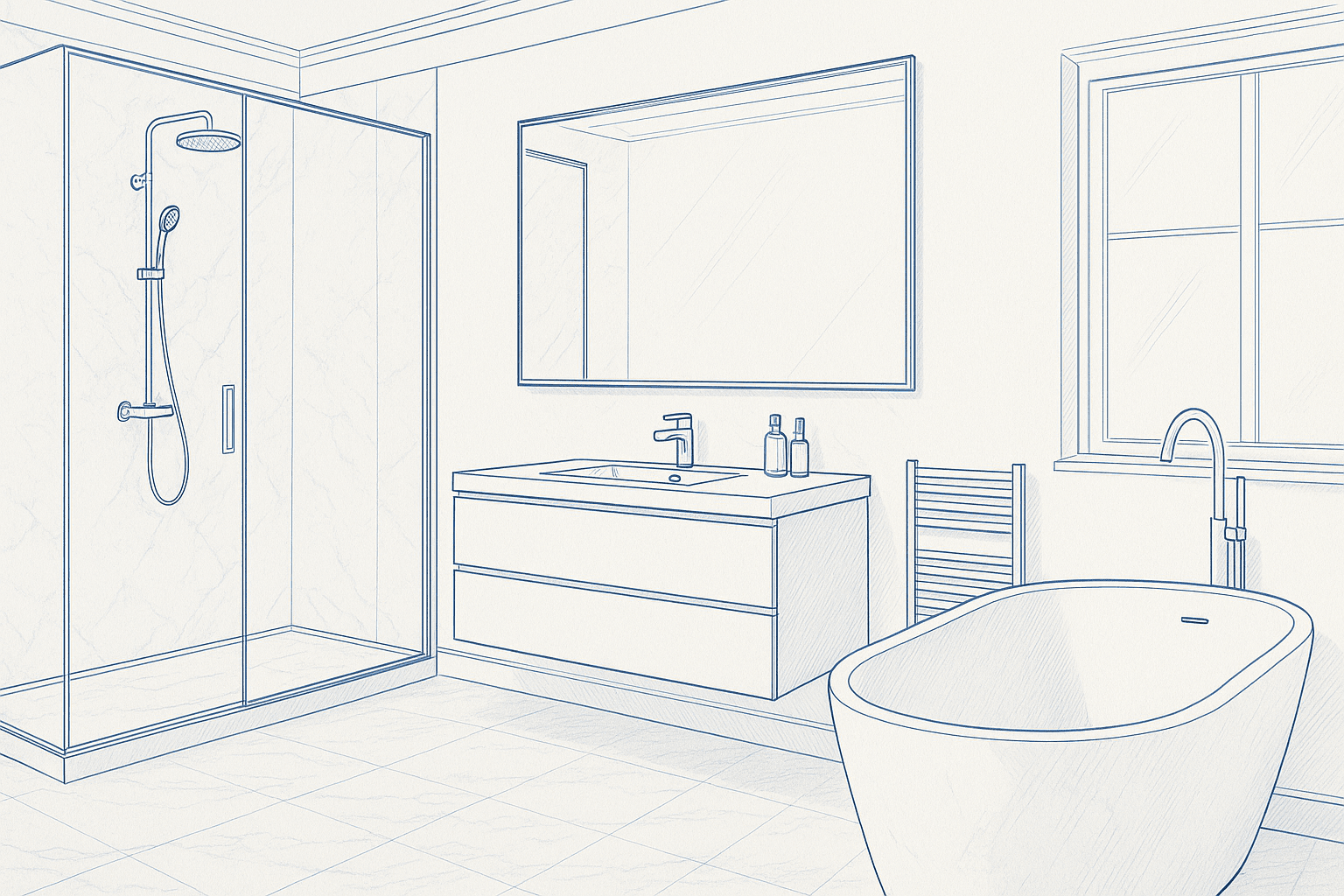 Modernes Badezimmer mit Dusche, Badewanne und Waschtisch